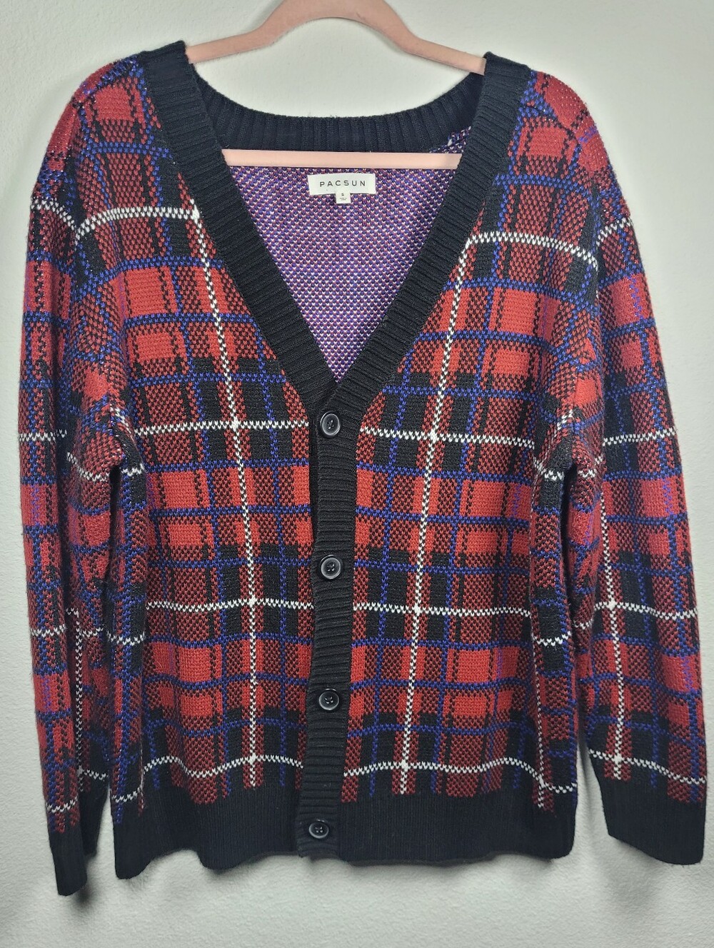 PacSun Plaid Knit V-Neck Cardigan Sweater Red Black Oversized S Preppy Grunge